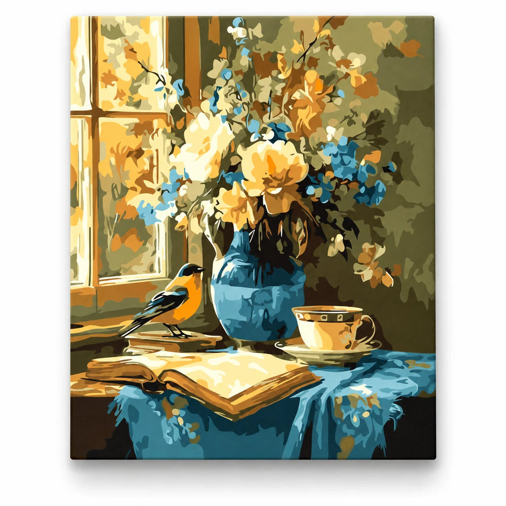 Goldfinch and Blue Vase Still Life paint by numbers artwork on a front-facing canvas against a white background