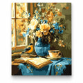 Goldfinch and Blue Vase Still Life paint by numbers artwork on a front-facing canvas against a white background