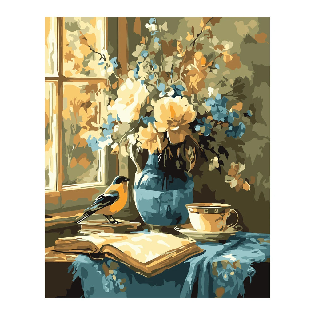 Goldfinch and Blue Vase Still Life completed artwork on a clean white background