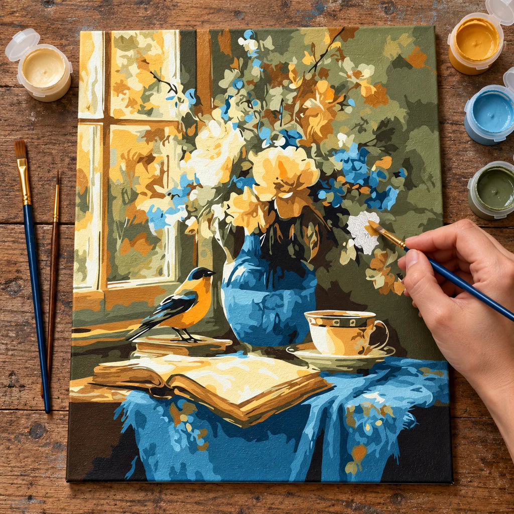 Complete Goldfinch and Blue Vase Still Life numbered canvas being painted with acrylic paints and brushes