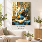 Goldfinch and Blue Vase Still Life shown in a styled room with 15.7 × 19.7 in and 40 × 50 cm dimensions