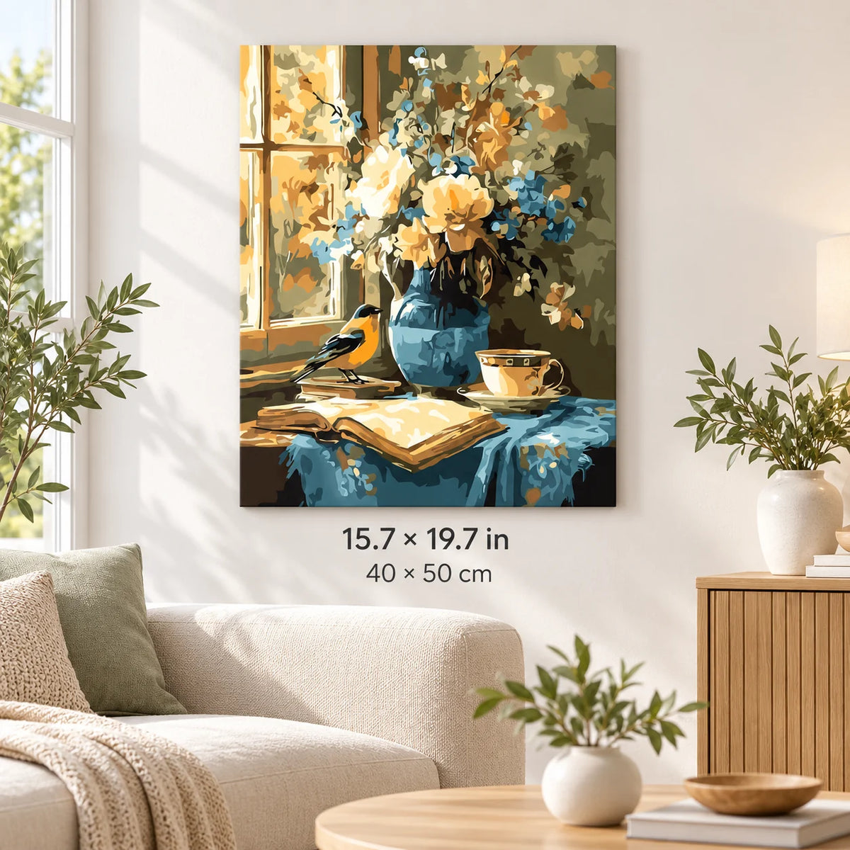 Goldfinch and Blue Vase Still Life shown in a styled room with 15.7 × 19.7 in and 40 × 50 cm dimensions