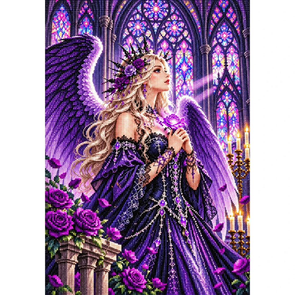 Gothic Angel Purple Rose Cathedral finished diamond painting on white
