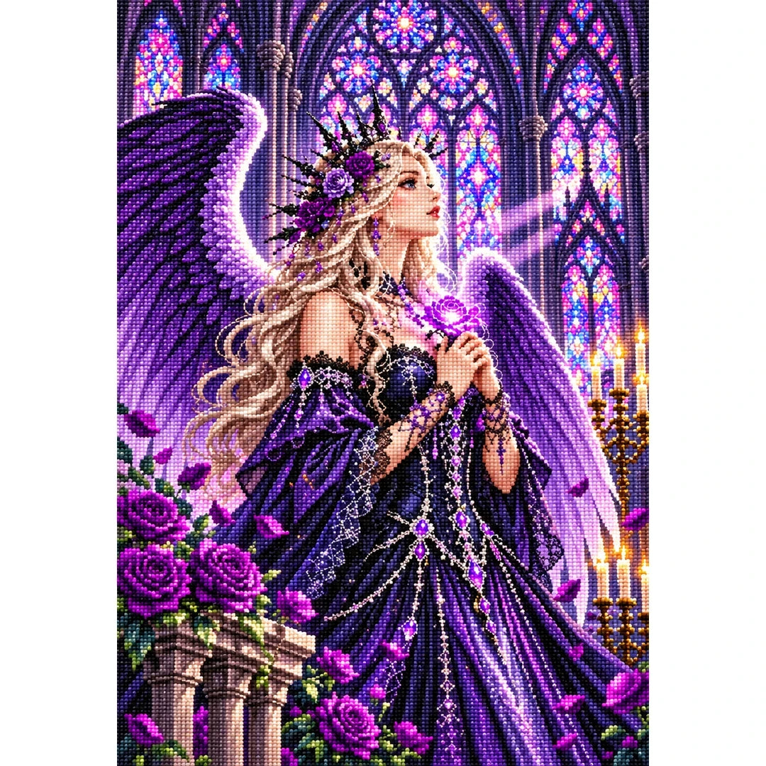 Gothic Angel Purple Rose Cathedral finished diamond painting on white