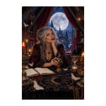 Original illustration of a woman studying a moonlit ritual chart in a candlelit gothic attic, on a white background