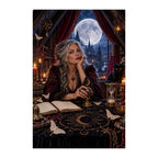 Original illustration of a woman studying a moonlit ritual chart in a candlelit gothic attic, on a white background