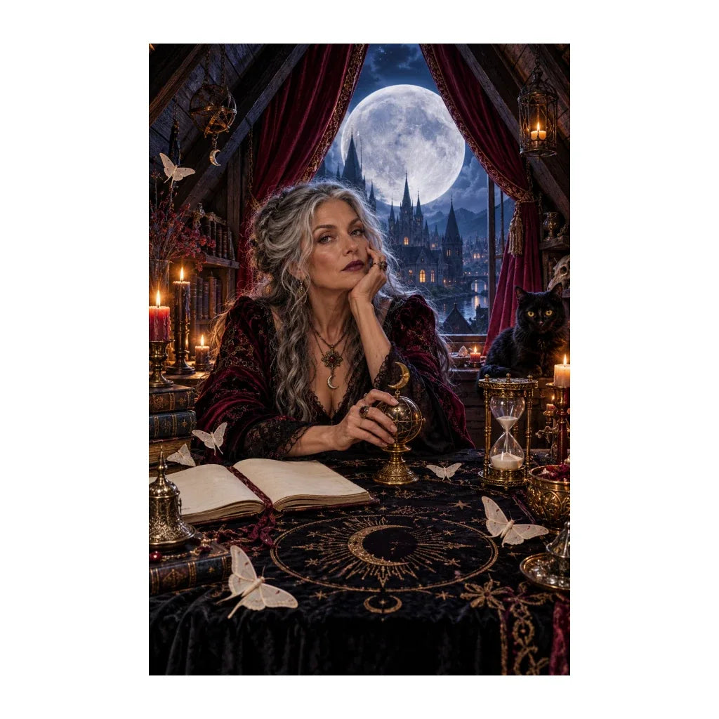 Original illustration of a woman studying a moonlit ritual chart in a candlelit gothic attic, on a white background