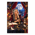 Finished diamond painting of a woman performing a moon ritual beneath a bright full moon