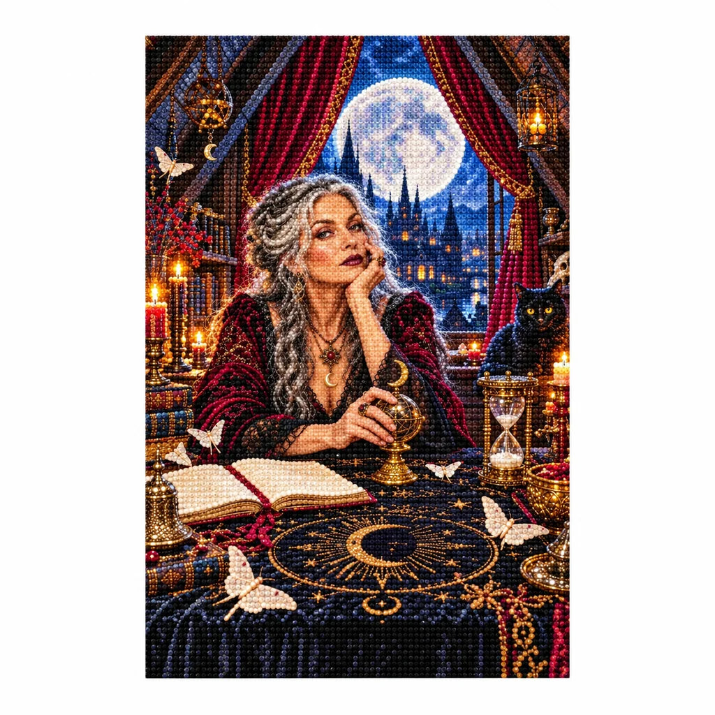 Finished diamond painting of a woman performing a moon ritual beneath a bright full moon