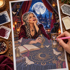 Hand placing diamond drills on the gothic attic moon ritual canvas