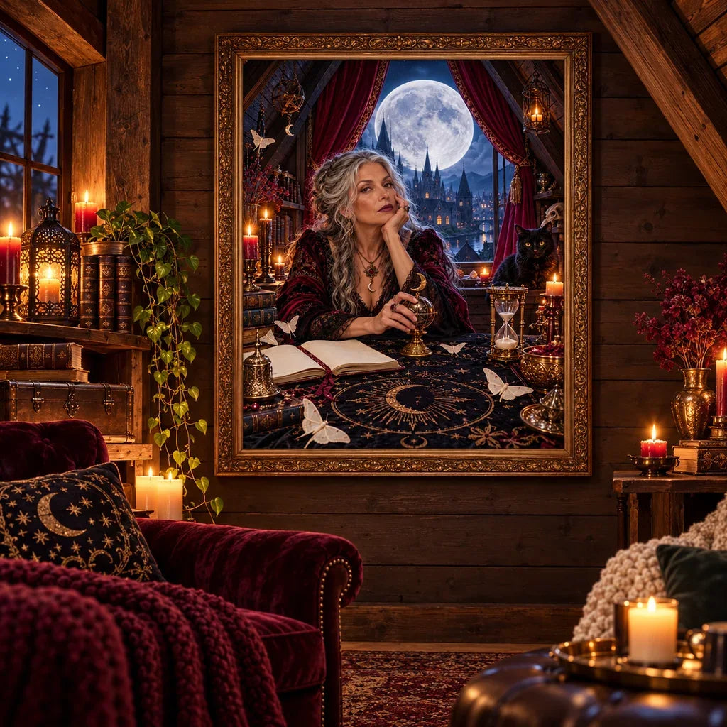 Framed gothic attic moon ritual diamond painting displayed in a dim cozy interior