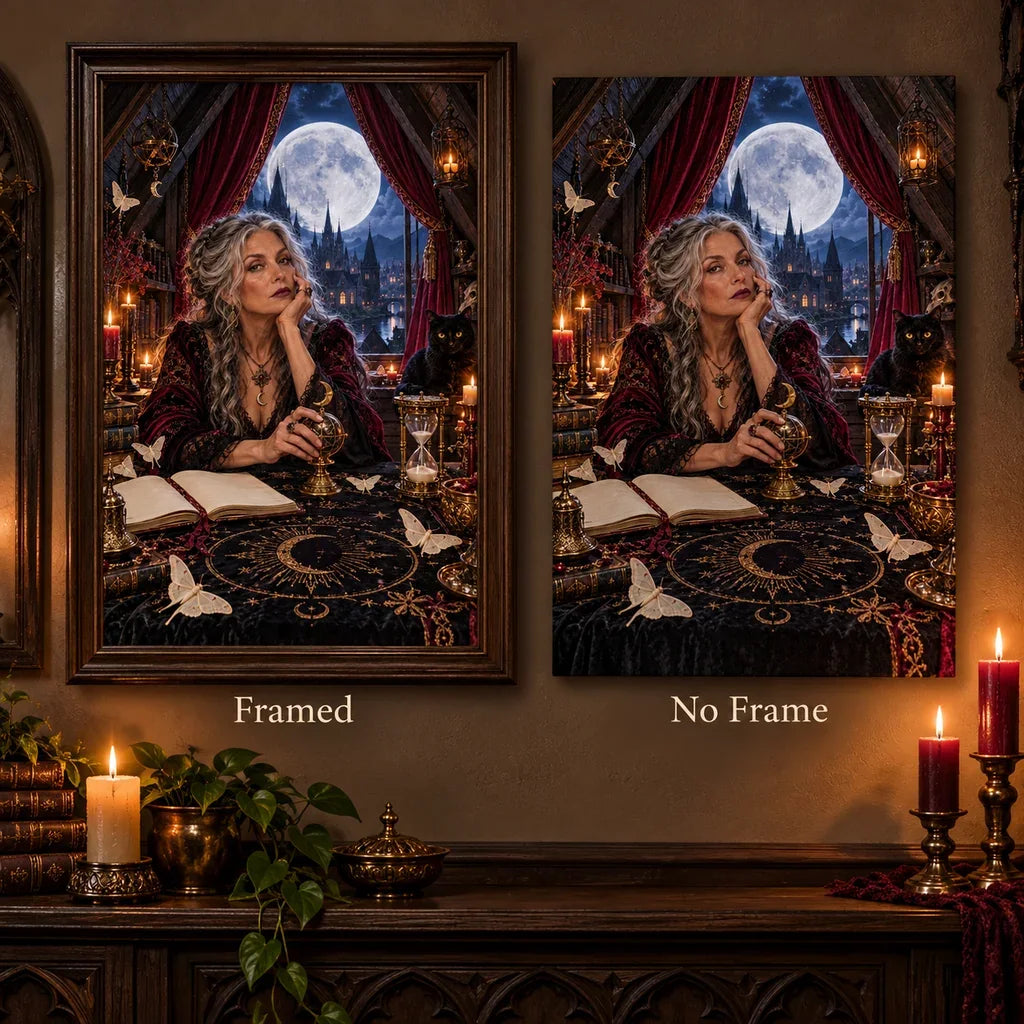 Framed and no-frame comparison for the gothic attic moon ritual diamond painting
