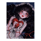 White-background original artwork of a gothic girl holding a crimson heart