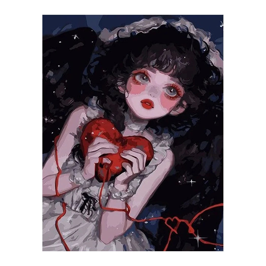 White-background original artwork of a gothic girl holding a crimson heart