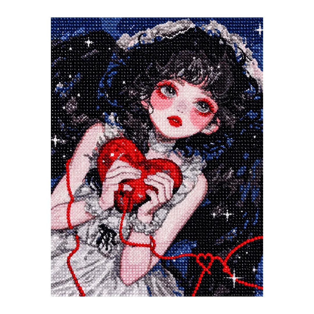 White-background diamondized artwork of a gothic girl holding a crimson heart