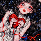 Close-up diamond drill detail of a gothic girl holding a red heart