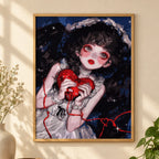 Gothic girl with a crimson heart diamond painting displayed as home decor