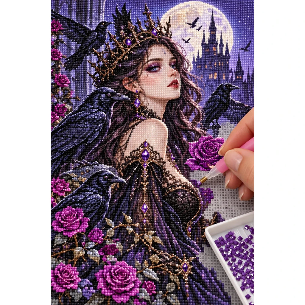 Gothic Raven Rose Queen Diamond Painting Kit diamond placement process