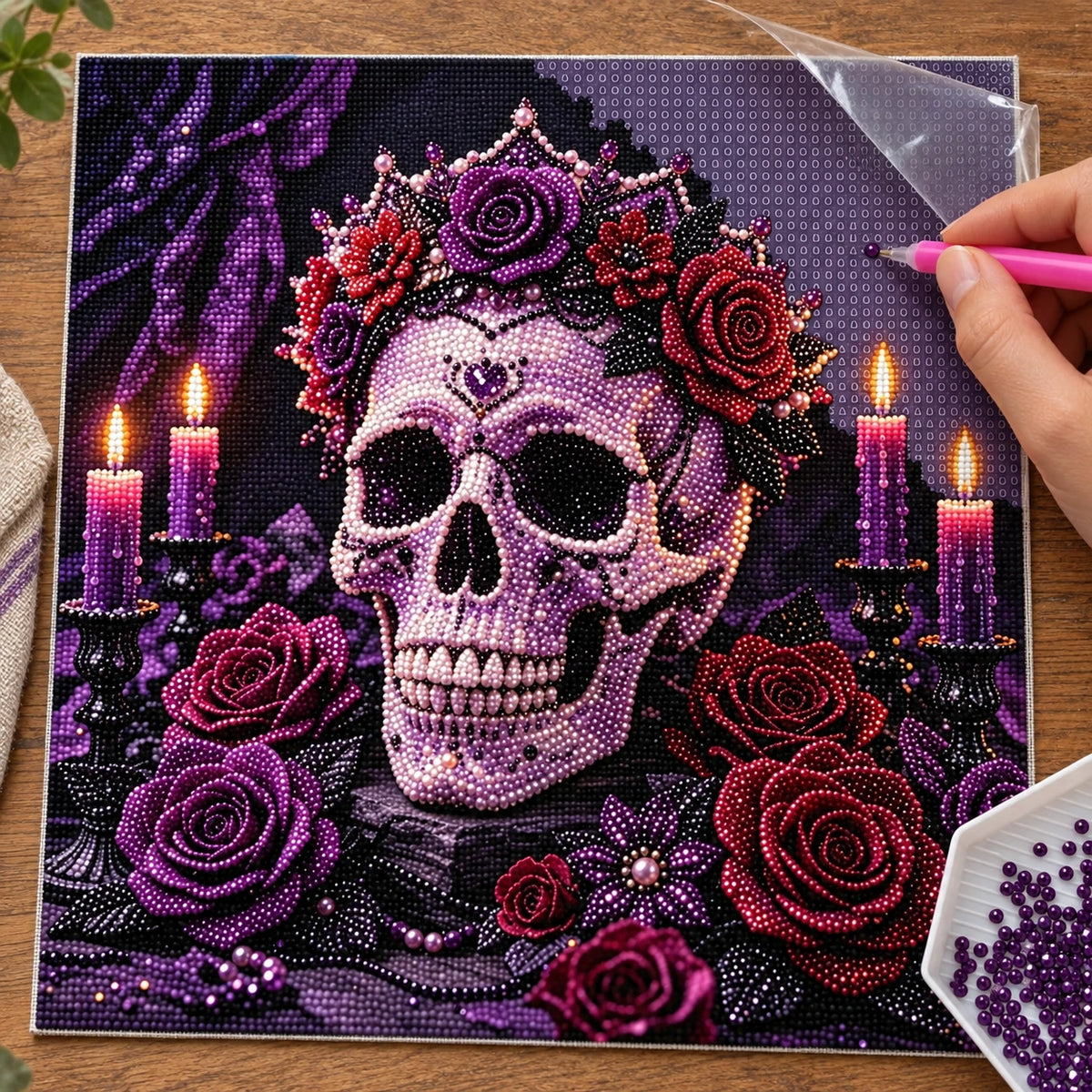 Gothic Rose Skull Pearl Diamond Painting process
