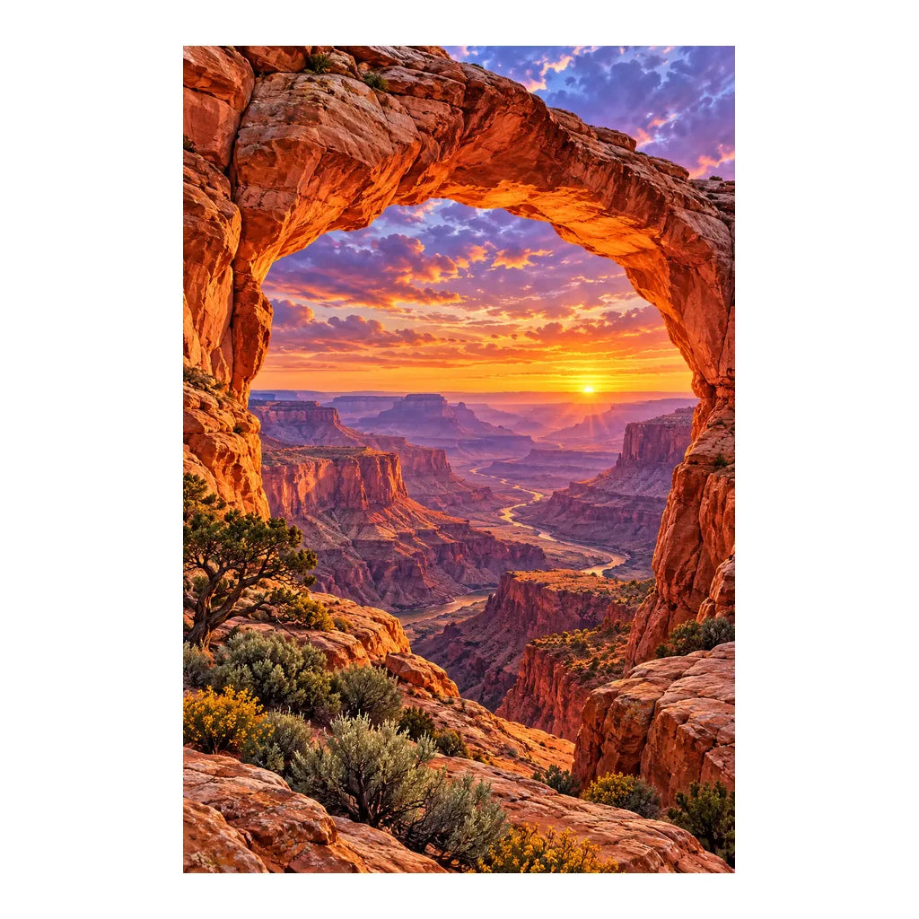 Original Grand Canyon artwork with a glowing sunset framed by a red sandstone arch
