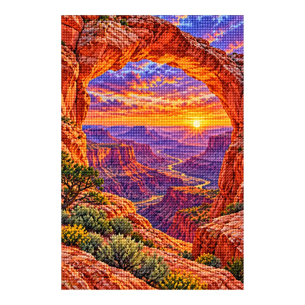 Diamond-finished Grand Canyon sunset and red sandstone arch artwork on a white background