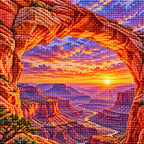 Close-up of faceted drills forming the sandstone arch and sunset colors