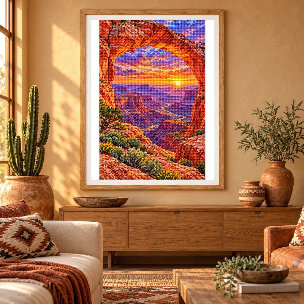 Framed Grand Canyon diamond painting displayed in a warm desert-inspired home interior