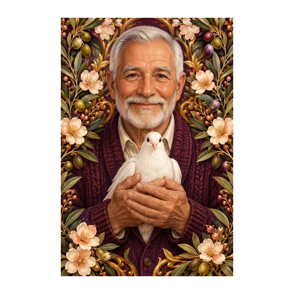 Original white-background artwork of Grandfather and White Dove