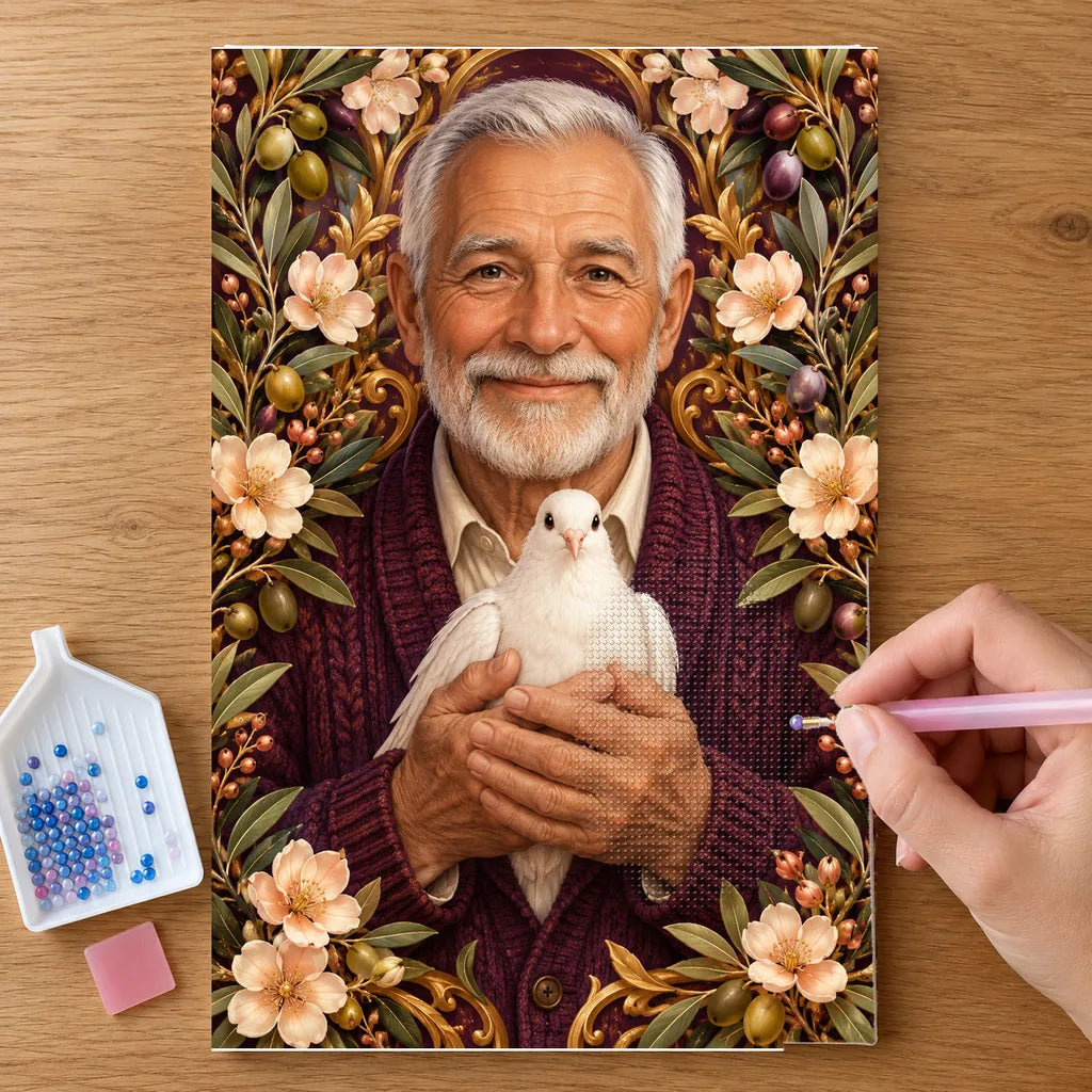 Hands placing drills on the Grandfather and White Dove diamond painting canvas