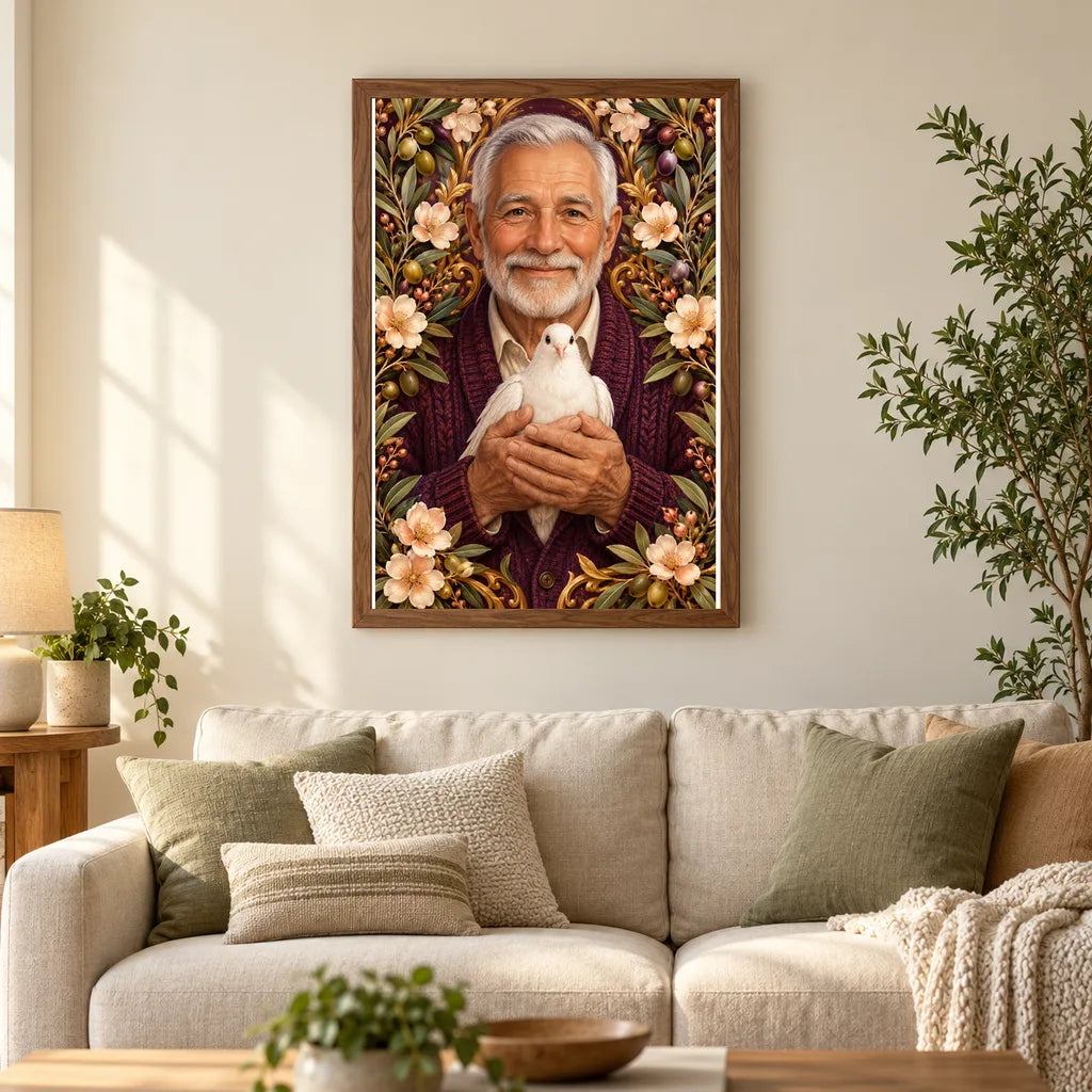 Framed Grandfather and White Dove diamond painting displayed in a home interior