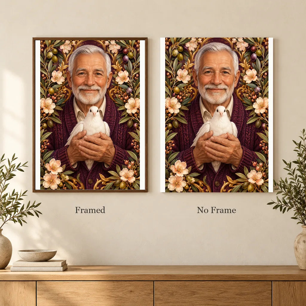 Framed and no-frame options for the Grandfather and White Dove diamond painting