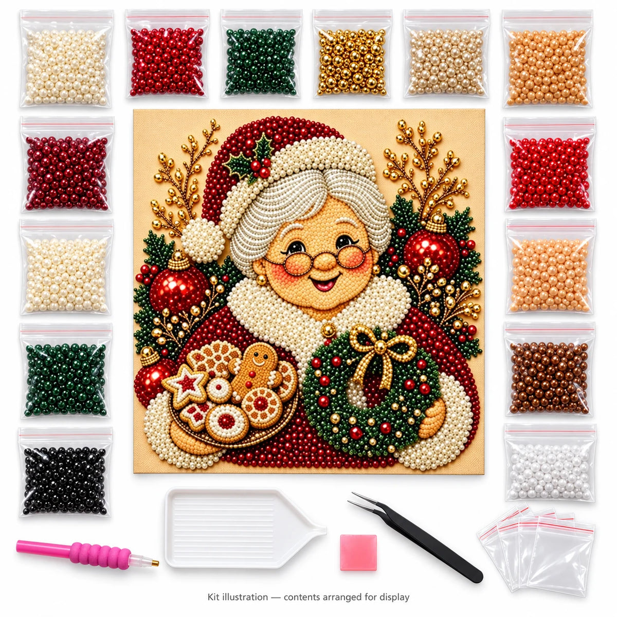 Christmas grandma with cookies pearl diamond painting — illustrated canvas, matching pearls and placement tools