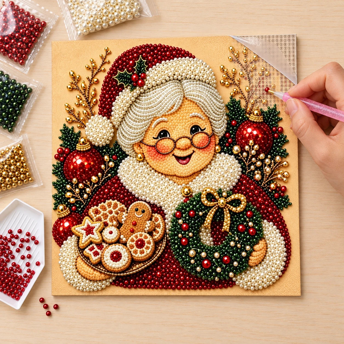 Christmas grandma with cookies pearl diamond painting — pearl placement process illustration