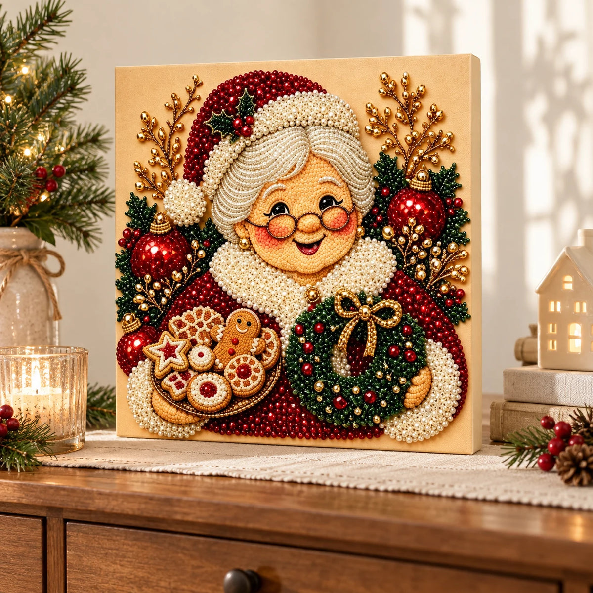 Christmas grandma with cookies pearl diamond painting — finished-art room display illustration; props excluded
