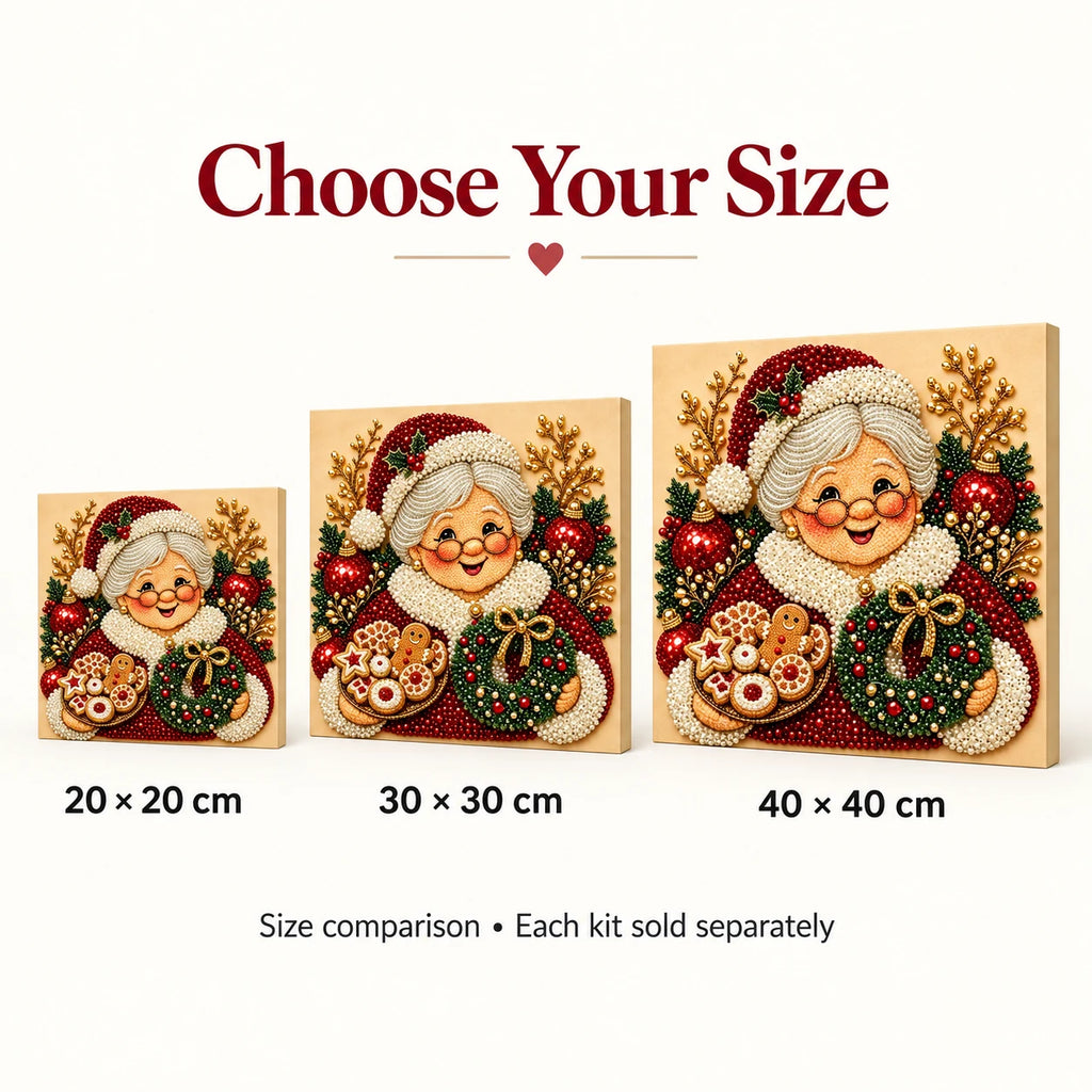 Christmas grandma with cookies pearl diamond painting — 20, 30 and 40 cm size comparison; each kit sold separately