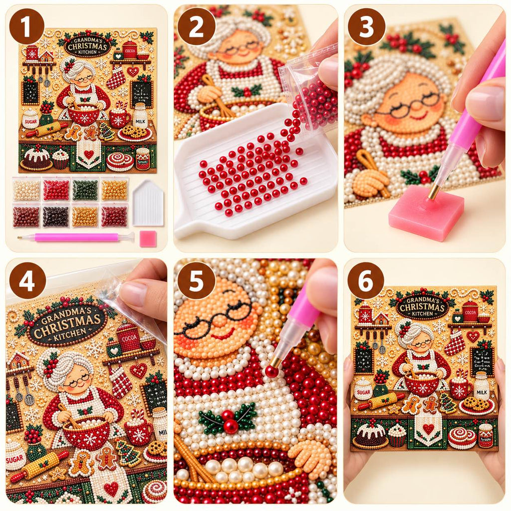 Six-step pearl painting tutorial for Grandma's Christmas Kitchen design.