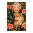 Original white-background artwork of Grandmother and Ginger Cat