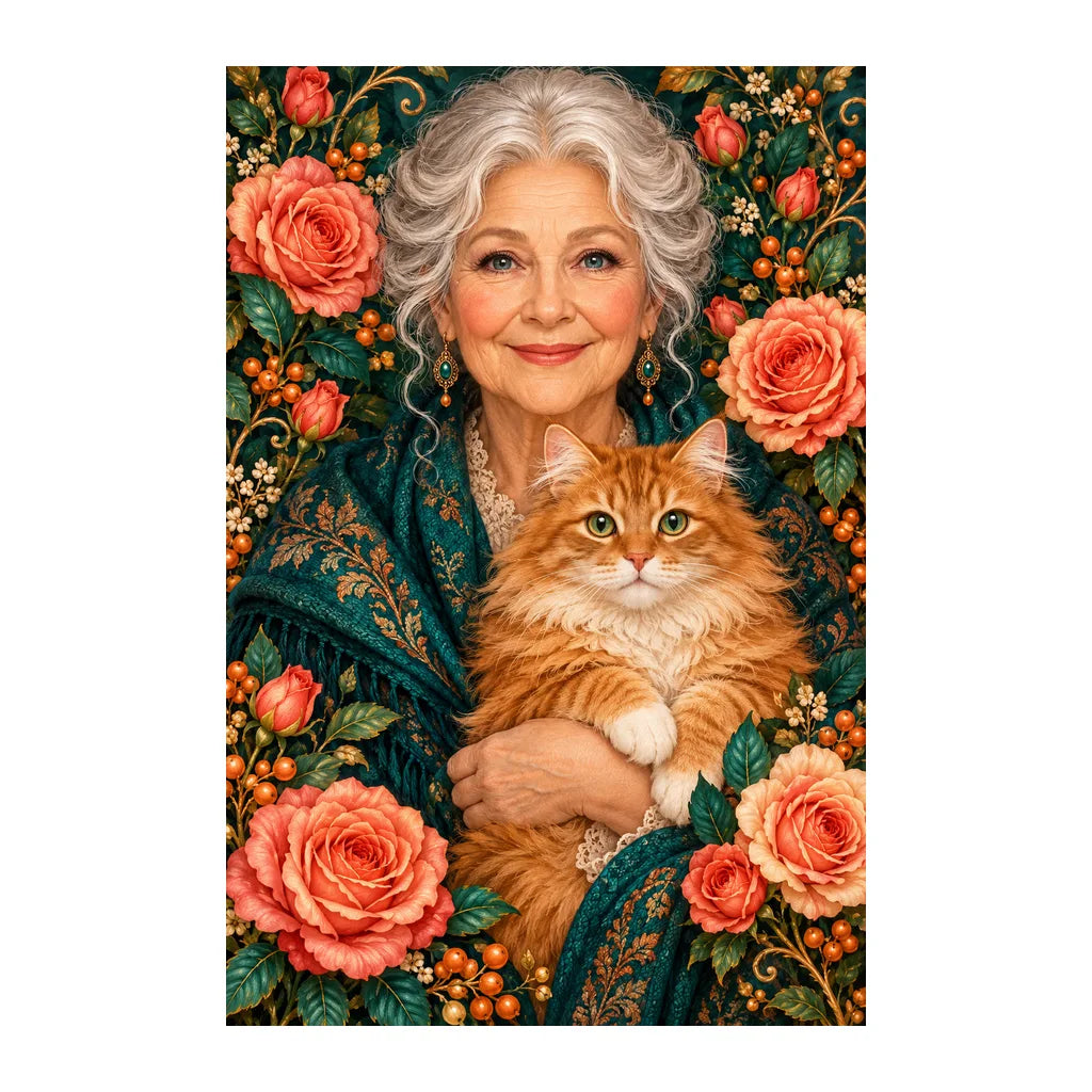 Original white-background artwork of Grandmother and Ginger Cat