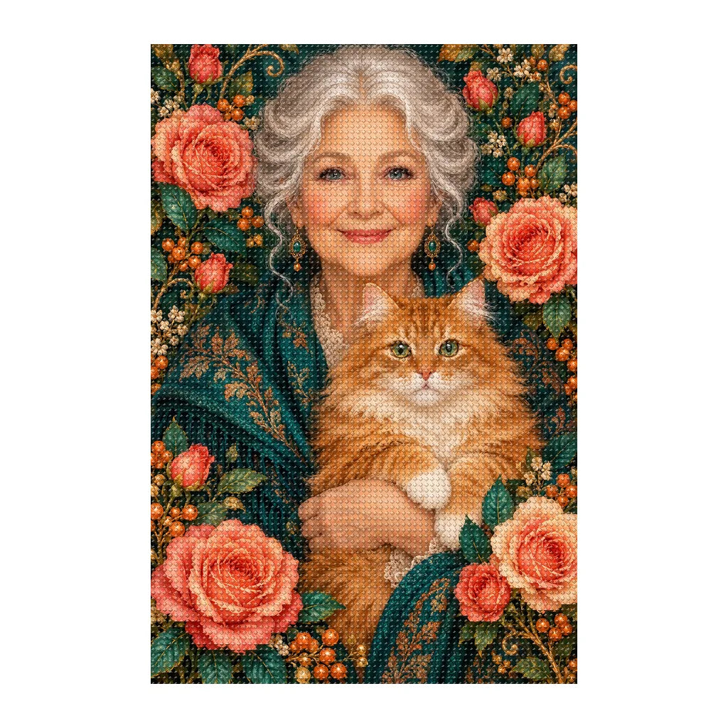 Finished white-background diamond painting of Grandmother and Ginger Cat