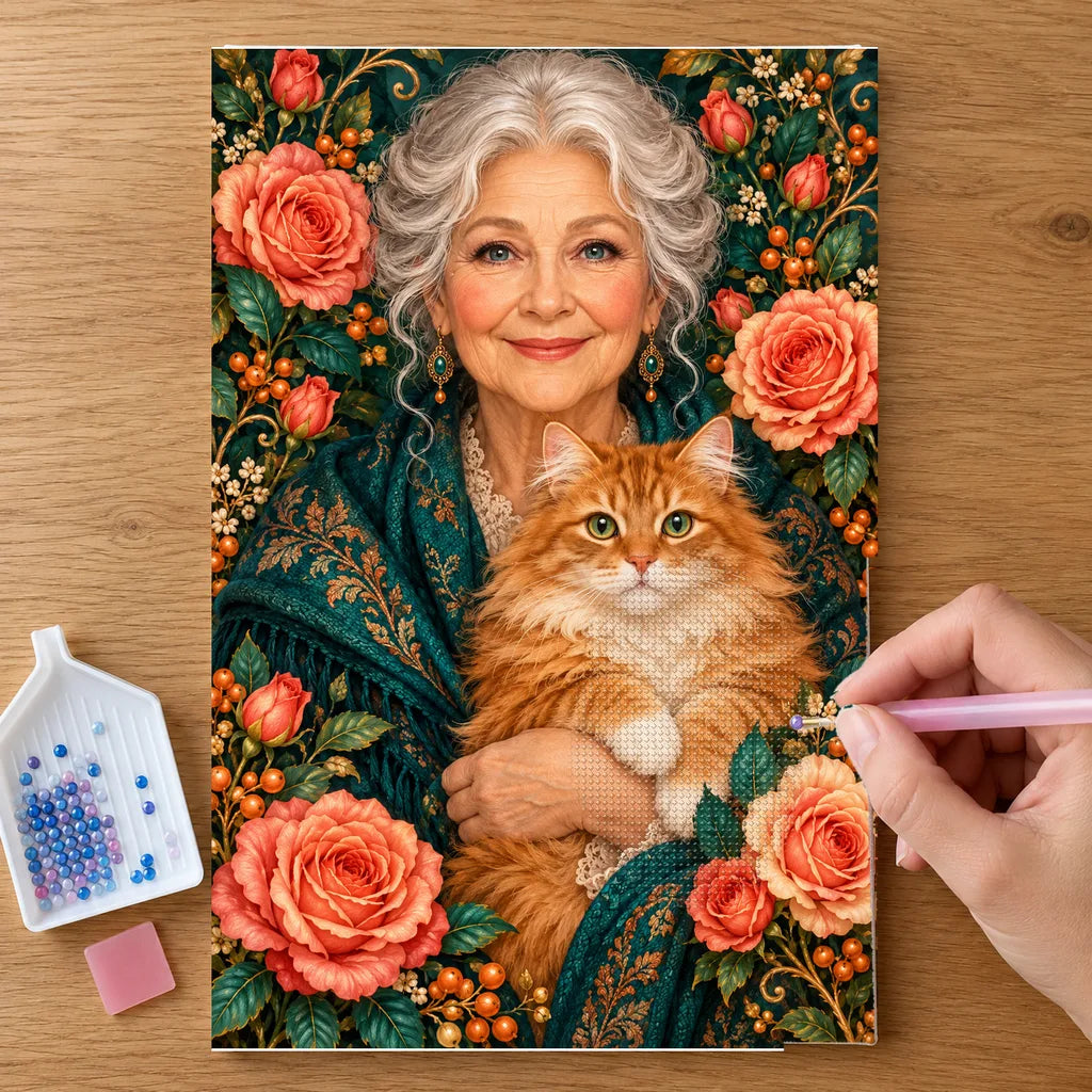Hands placing drills on the Grandmother and Ginger Cat diamond painting canvas