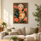 Framed Grandmother and Ginger Cat diamond painting displayed in a home interior