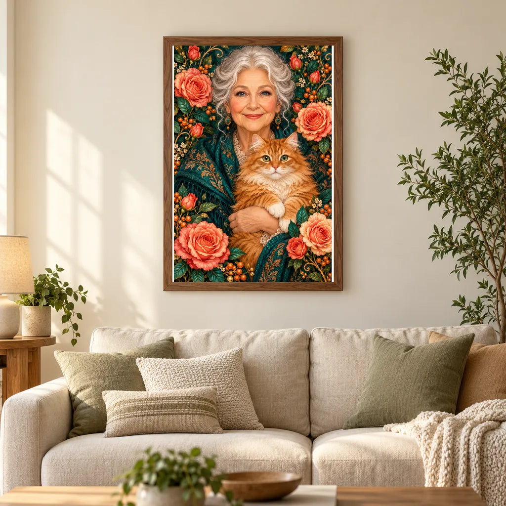 Framed Grandmother and Ginger Cat diamond painting displayed in a home interior