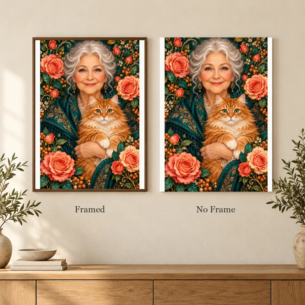 Framed and no-frame options for the Grandmother and Ginger Cat diamond painting