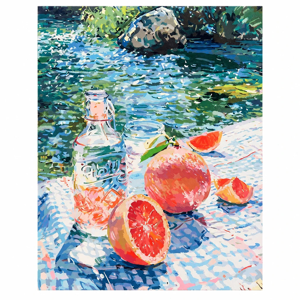 Original artwork showing a grapefruit picnic scene beside a flowing river.