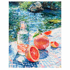 Original artwork showing a grapefruit picnic scene beside a flowing river.