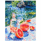 Finished diamond painting of a grapefruit picnic scene beside a flowing river.