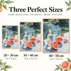 Size guide for Grapefruit Picnic by the River Diamond Painting Kit: 20 × 30 cm, 30 × 40 cm, and 40 × 50 cm.