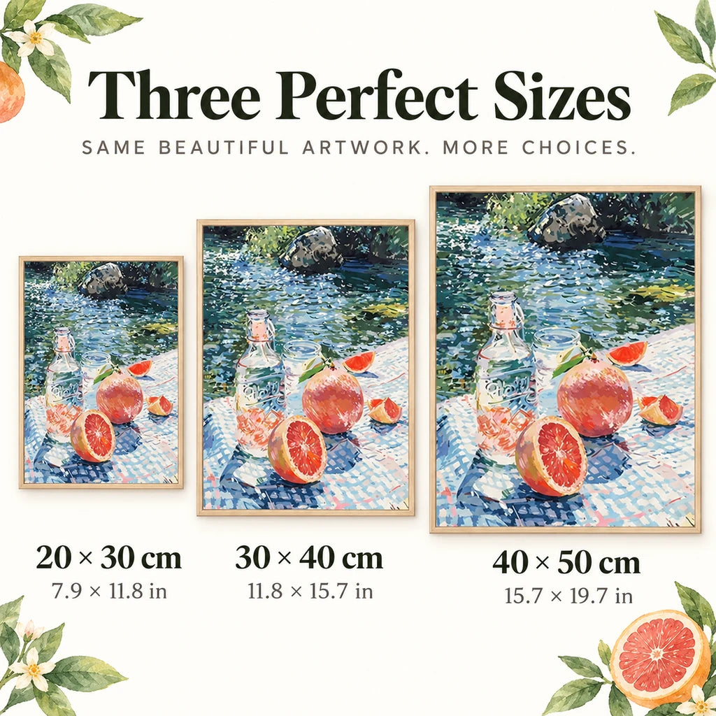 Size guide for Grapefruit Picnic by the River Diamond Painting Kit: 20 × 30 cm, 30 × 40 cm, and 40 × 50 cm.