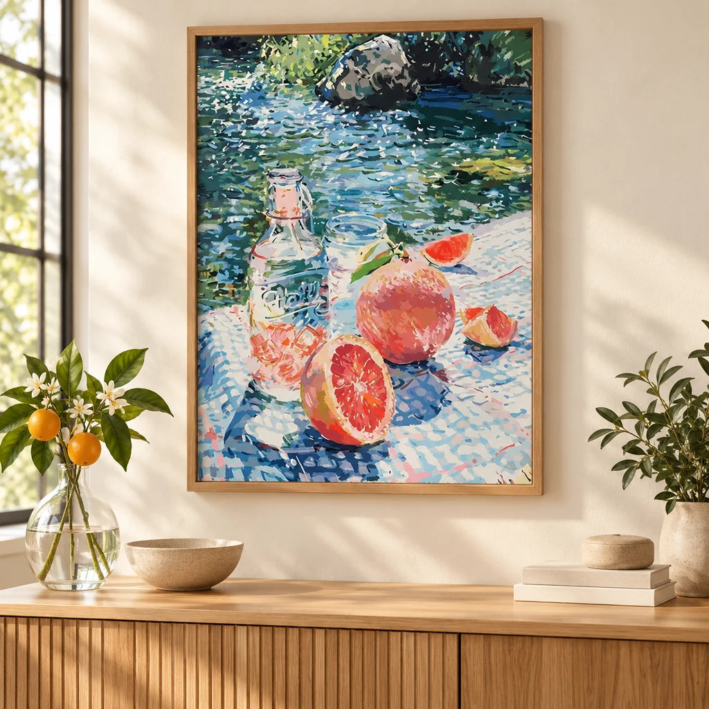 Home decor scene showing a grapefruit picnic scene beside a flowing river displayed on a wall.