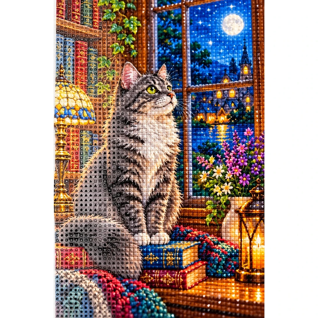 Gray Cat Cozy Library Window Diamond Painting Kit — canvas and drill material detail